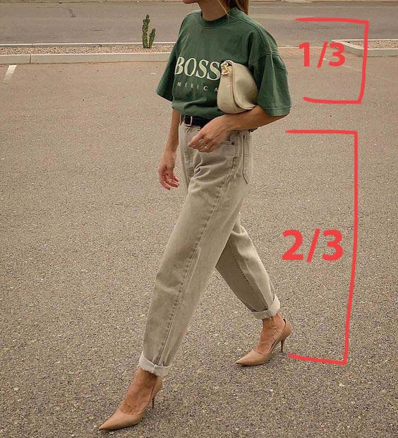 golden ratio dressing, 1/3 top and 2/3 trouser to appear more stylish