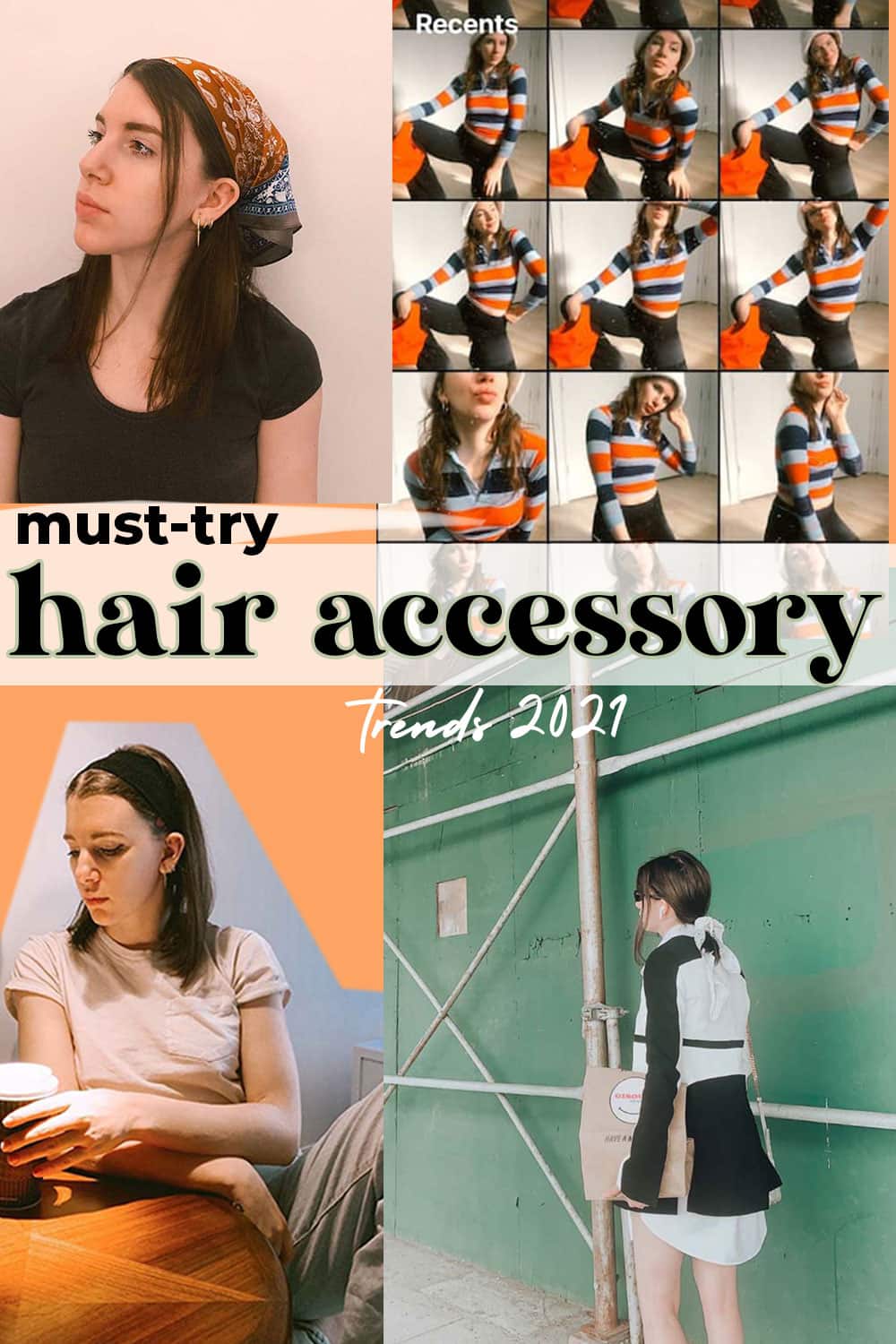 must-try hair accessory trends 2021 - bucket hat, elastic headband, bandana in ponytail, hair scarf