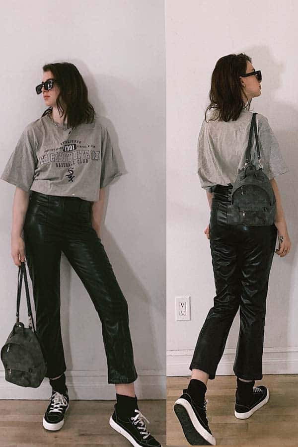how to wear leather, leather pants and t-shirt casual outfit