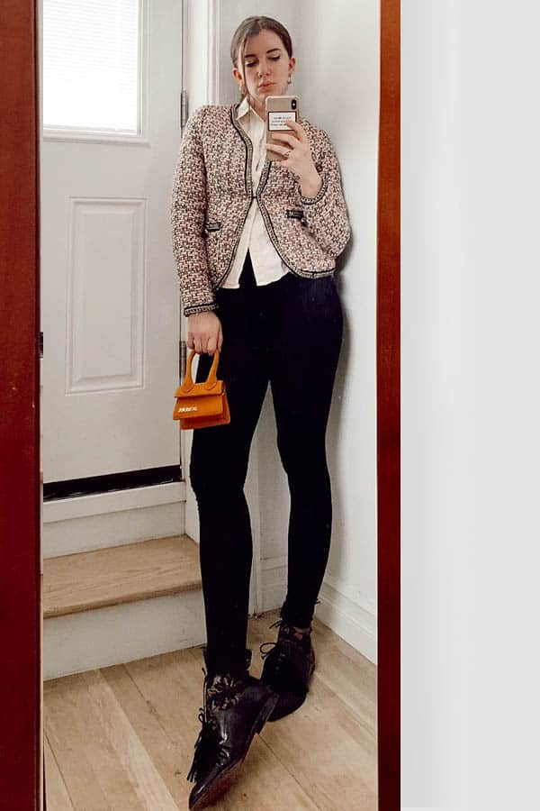 unique legging outfit idea, leggings as pants, business casual legging outfit