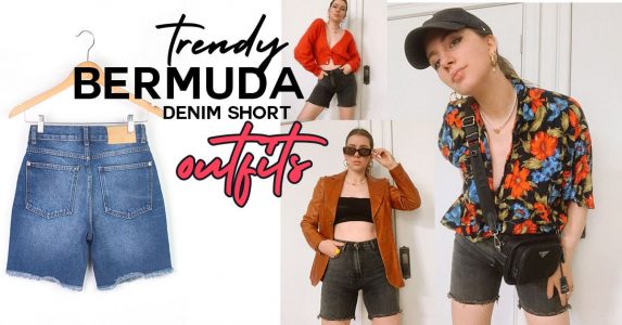 trendy bermuda denim short outfits | how to wear long denim shorts, image of long denim shorts on hanger, gabrielle arruda wearing agold denim shorts with cardigan, with hawaiian shirt, and with tank and blazer
