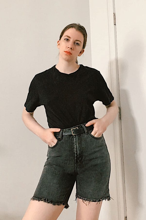 girl next door casual fashion style, style blogger gabrielle arruda wearing black tee with bermuda denim shorts 