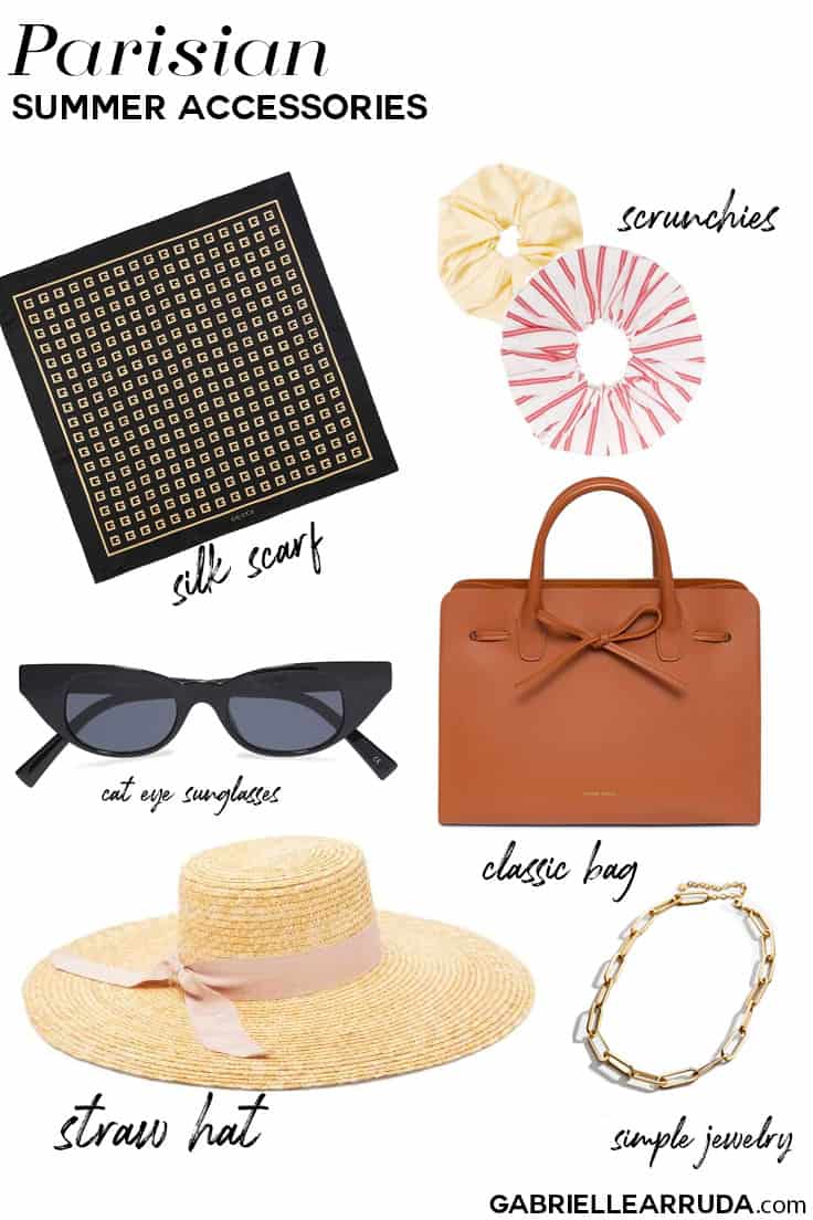 parisian summer style accessories you need ; straw hat, silk scarf, scrunchies, classic bag, cat eye sunglasses, simple necklace