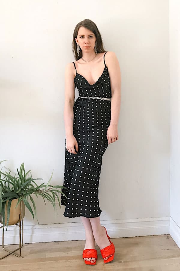 summer outfit ideas 2020 with elegant slip dress, classy summer outfit with square toe heel