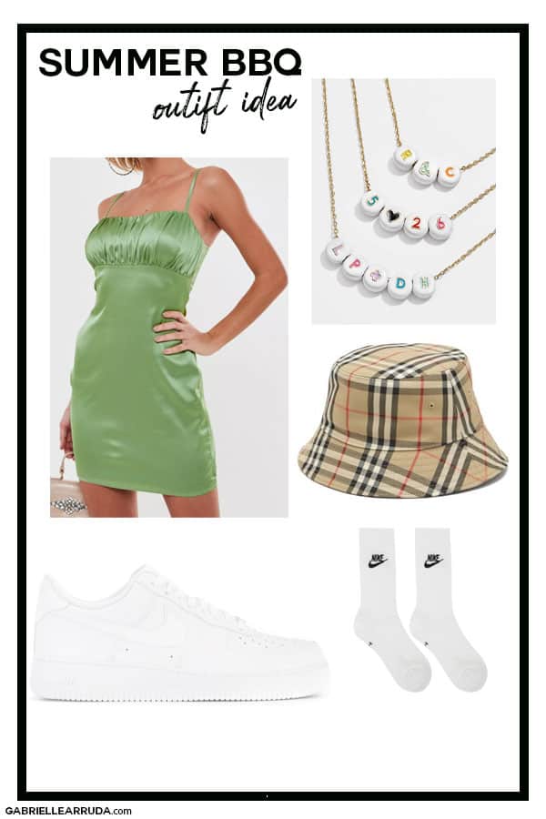 summer bbq outfit idea with bucket hat, white nike sneakers, custom necklace, and ruched bust cami dress