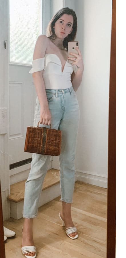 summer bbq outfit ideas, off the shoulder bodysuit with midrise jeans and wicker vintage bag