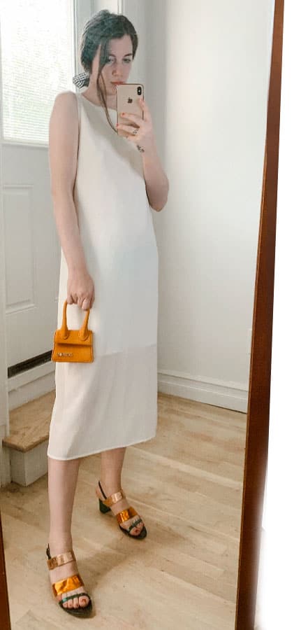 summer bbq outfit sheath white dress with multi colored dries van noten sandals and micro bag jacquemus and hair ribbon