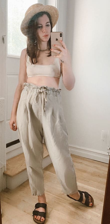 bbq summer outfit idea paperbag waist casual trouser with crop top (square neck) birkenstocks and straw boater hat