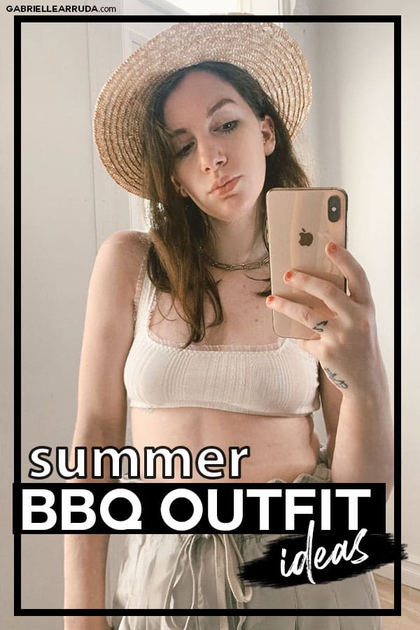 summer bbq outfit ideas tonal outfit with paperbag waist pants and straw boater hat, square neck crop top