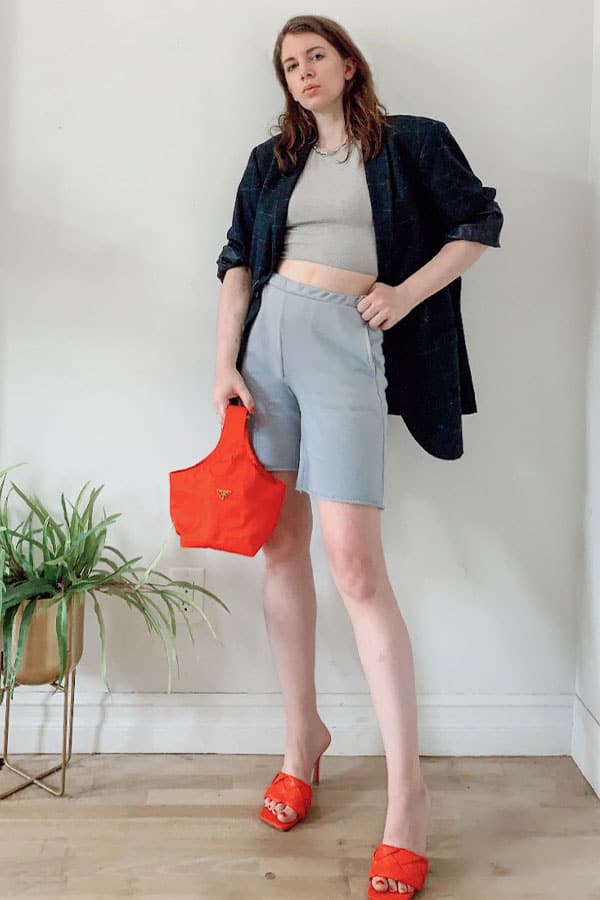 sweatshort trend outfit idea with oversized blazer, how to dress up sweatshorts with square toe heels and blazer
