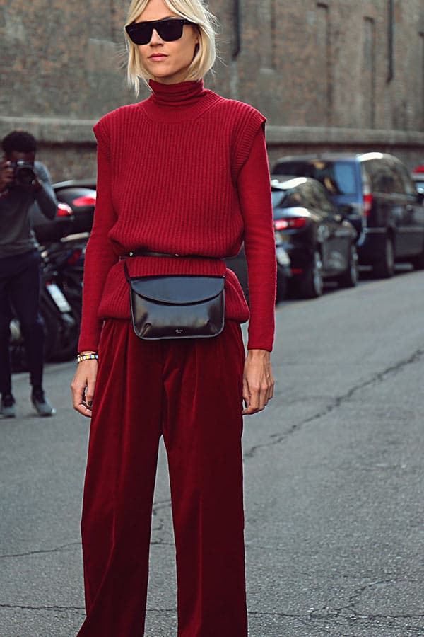 fall winter color trends 2020 biking red monochrome outfit on fashion influencer fashion week