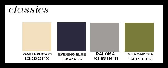 classic fall fashion color trends 2020 - colors vanilla custard, evening blue, paloma gray, and guacamole green