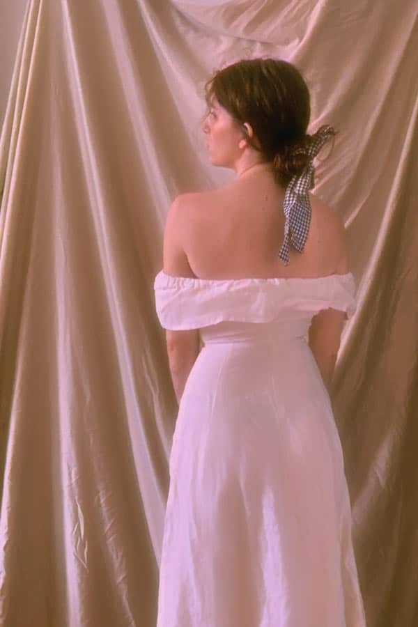 cottagecore fashion aesthetic, romantic shot with hair ribbon and off the shoulder dress