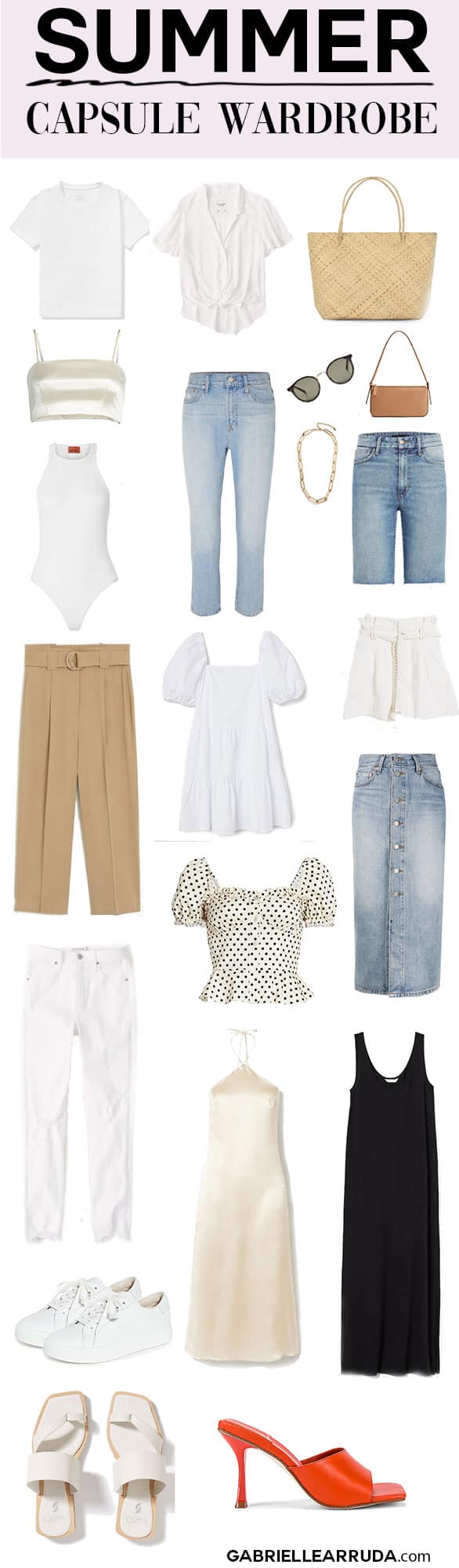 affordable summer capsule wardobe 2020 must have pieces, white t-shirt, loose blouse, straw tote, halter bodysuit, elegant crop top, mid rise jeans, bermuda denim shorts, puff sleeve blouse, square toe mule, tank dress, simple sandal, classic white sneaker, straw tote, baguette style purse.