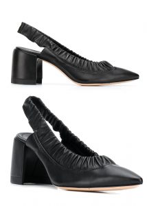 fall capsule wardrobe 2020 midi black heels with ruching detail