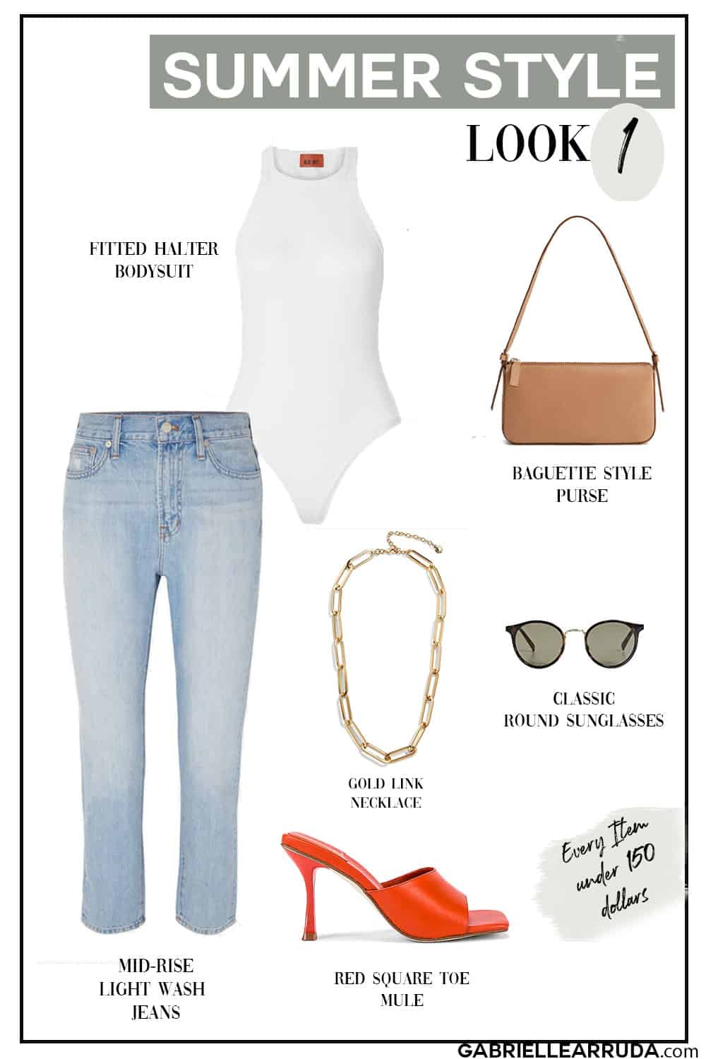 summer outfit based on capsule wardrobe, mid rise jeans, bodysuit, red mule, gold link necklace, baguette style purse