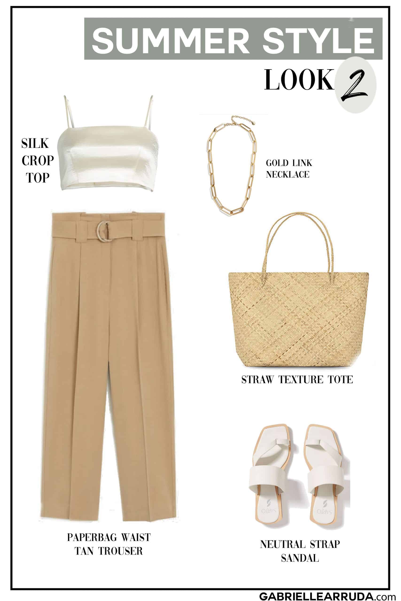 summer outfit from summer capsule wardrobe: paperbag trouser, with silk crop top, simple white sandals, woven texture tote, and gold link necklace