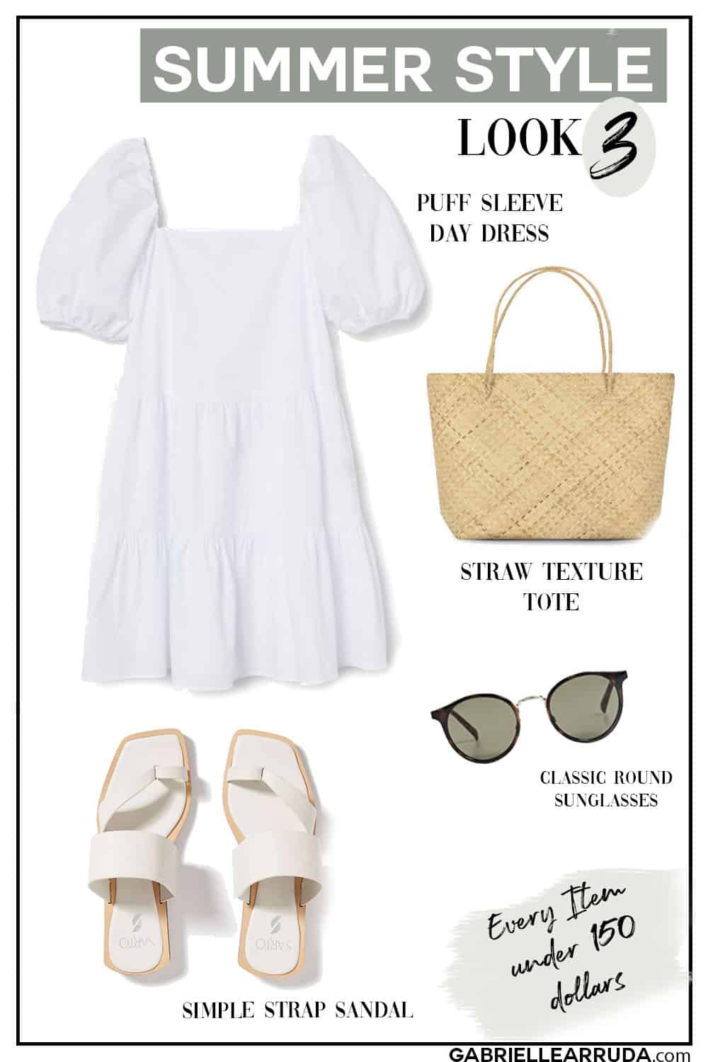 summer outfit with puff sleeve white dress, simple strap andal, sunglasses, and woven straw tote