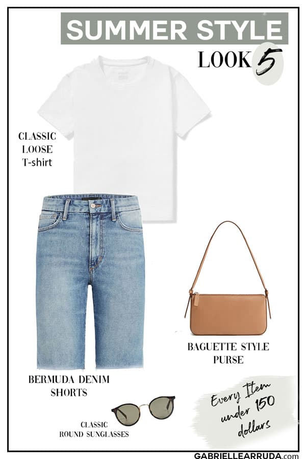summer capsule wardrobe outfit idea: classic loose white tee with bermuda denim shorts, baguette style bag, and round sunglasses