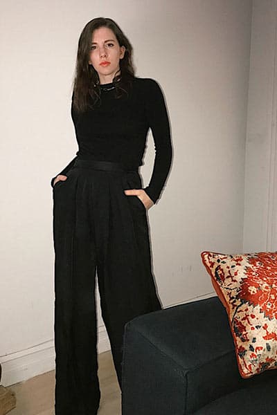 business casual pants, business casual style with black crew neck sweater and wide leg trouser