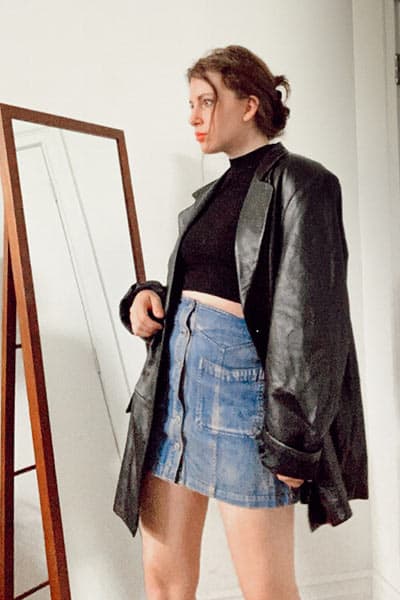how to style a leather blazer, 90's style with a skirt and mock turtleneck