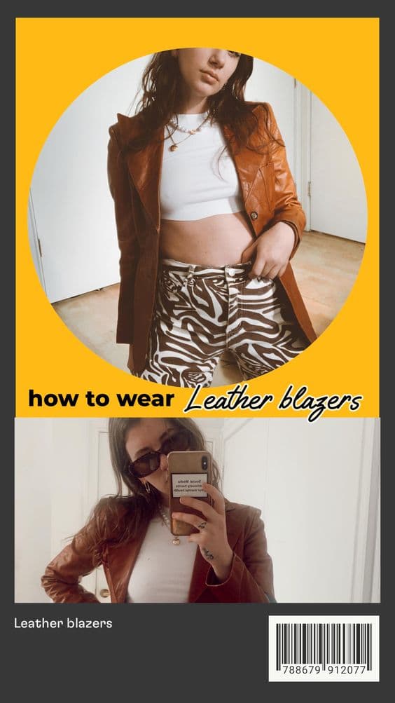 leather blazer outfit aesthetic- gabrielle arruda style blogger wearing fitted leather blazer with printed pants and crop top