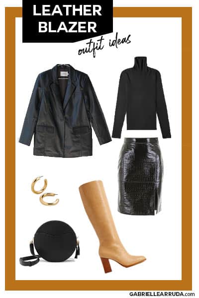 leather blazer outfit idea with a fitted skirt and knee high boots