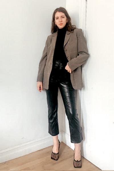 leather pants for business casual work environment. leather pants with blazer and turtleneck and square toe heels