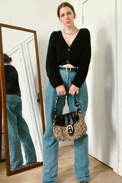 oversized jeans outfit idea inspired by bella hadid with cardigan and 90's style bag