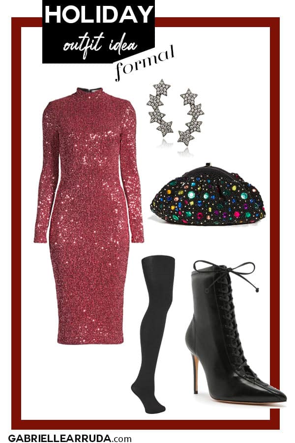 holiday outfit idea formal, sequined dress tights and heeled boots, star earrings