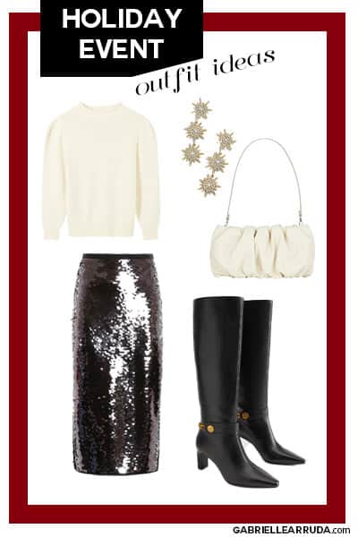 holiday christmas dinner outfit idea, sequin skirt sweater and heels with star drop earrings
