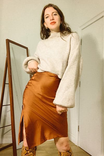 thanksgiving dinner idea, knee high boots, silk skirt and wool turtleneck