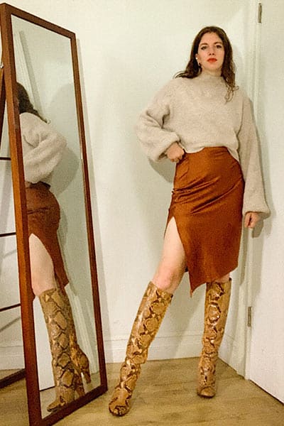 fall outfit idea, silk skirt, knee high boots and turtleneck sweater
