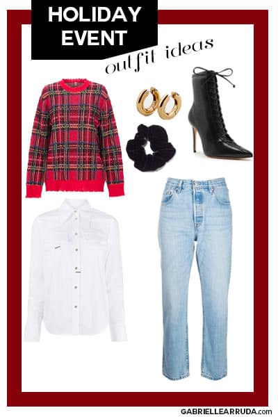 holiday outfit idea, white shirt with plaid sweater over it and jeans and heeled boots
