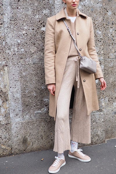 winter fashion trends, all tan monochrome outfit with athleisure touches
