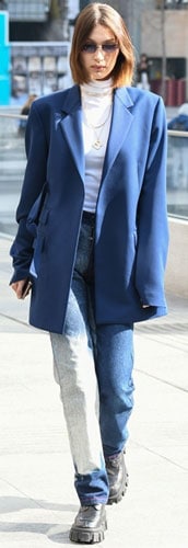 bella hadid style with oversized blazer, turtleneck, bleached jeans, and lug sole boots