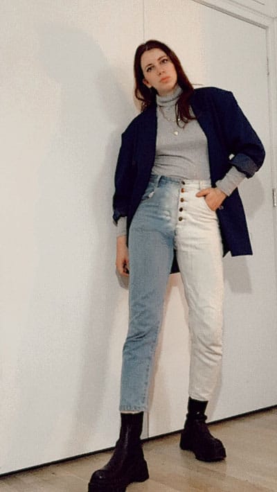 bella hadid inspired style with half bleached jeans, turtleneck and oversized blue blazer