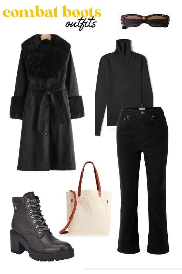 combat boots outfit with heeled doc martens alternative turtleneck flared pants and fur trimmed coat