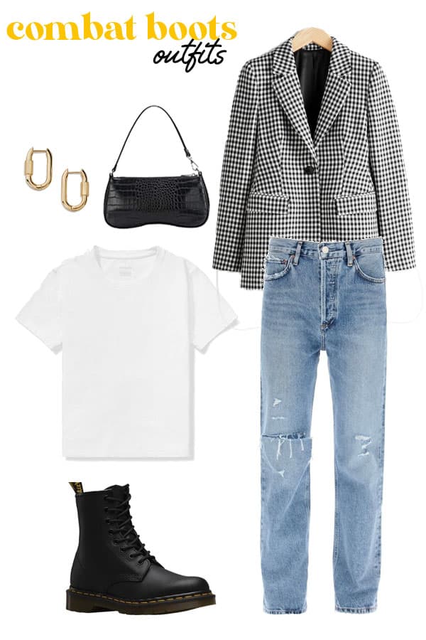 combat boots outfits with blazer tee jeans and retro 90's purse, doc martens alternatives and combat boot picks
