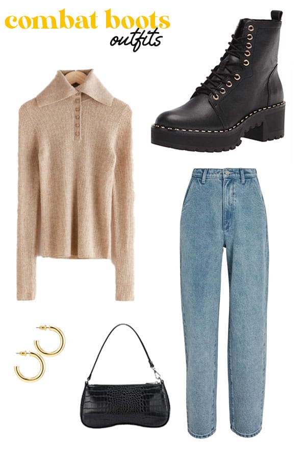 combat boots outfit idea with sweater and jeans, doc marterns alternatives combat boots by vince