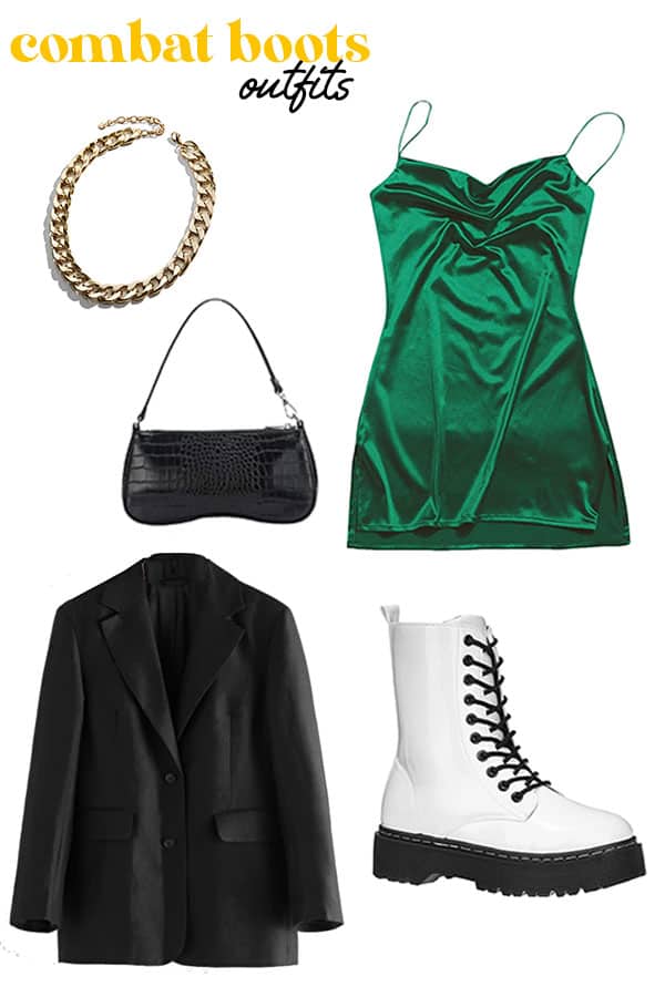 combat boots outfit with cami dress, black boxy blazer, and white doc martens alternatives combat boots with gold necklace and 90s retro bag