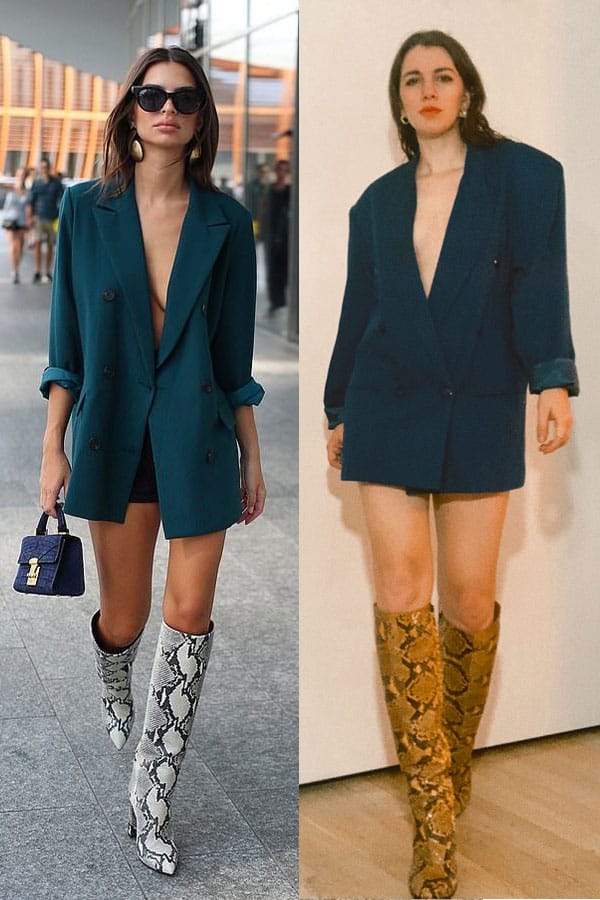emrata style, blazer as dress with snakeskin boots side to side comparison of emrata street style outfit and style influencer gabrielle arruda