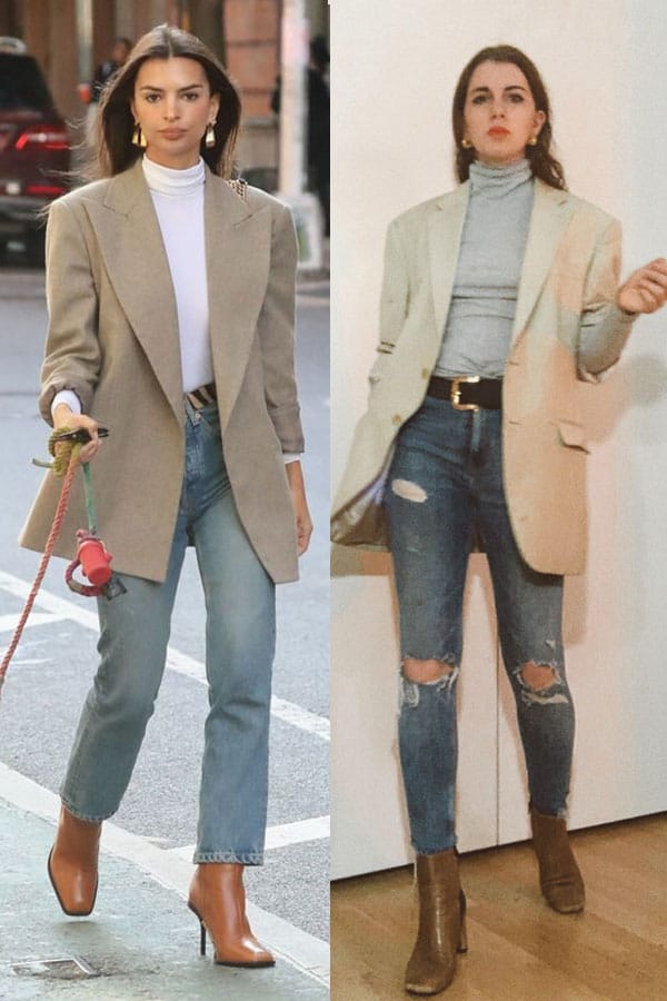 emrata style outfit idea. emily ratajkowski street style outfit side by side with style blogger gabrielle arruda. tan blazer, turtleneck, jeans and square toe boots