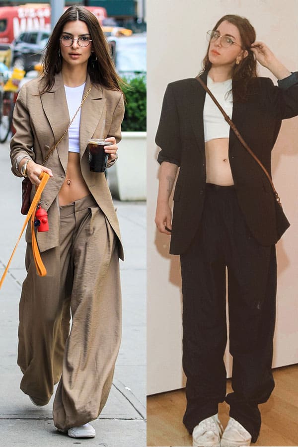 emrata style oversized blazer suit with cropped white tee. emily ratajkowski style side by side with fashion blogger gabrielle arruda