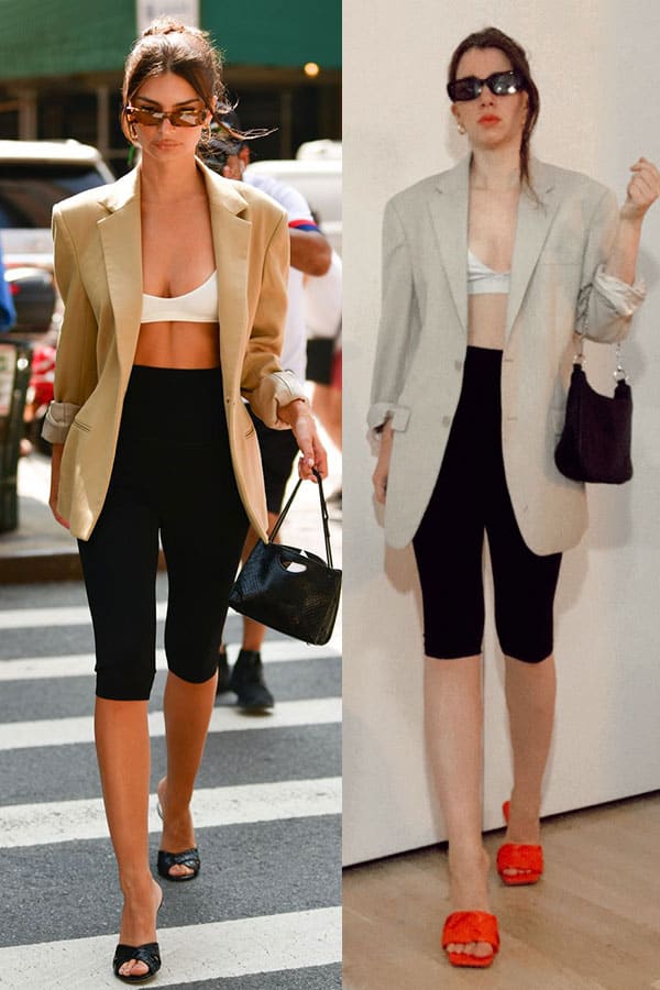 emily ratajkowski street style outfit with leggings and blazer and mule heels. side by side comparison of emrata style and style blogger gabrielle arruda