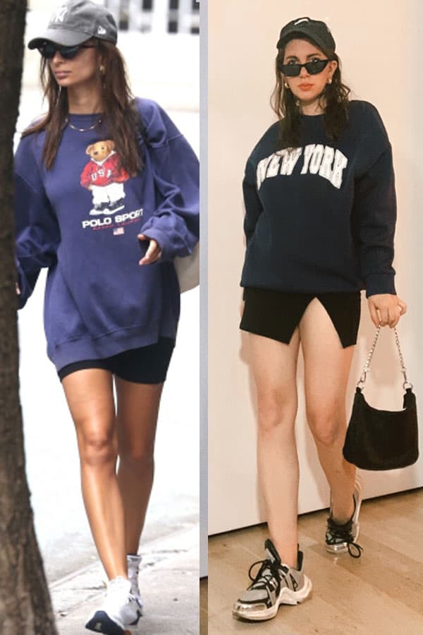 emrata style outfit idea with sweatshirt and skirt and baseball hat. emily ratajkowski street style outfit idea side by side with fashion blogger gabrielle arruda