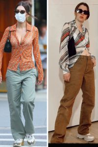 emrata style outfit idea with fitted blouse and baggy trousers. emily ratajkowski street style side by side with fashion blogger gabrielle arruda