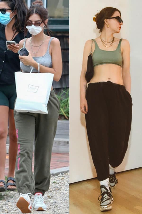 emrata style outfit with sweatpants and crop top. emily ratajkowski street style side by side with fashion blogger gabrielle arruda