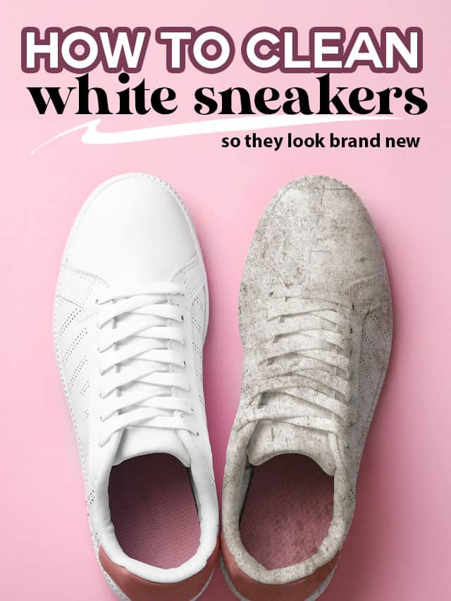 how to clean white sneakers so they look new again, dirty sneaker next to bright white sneaker