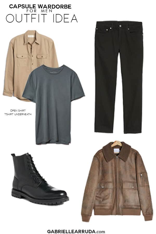 mens capsule wardrobe outfit idea with black jeans, khaki shirt with gray t-shirt underneath, leather bomber and lace up leather black boots